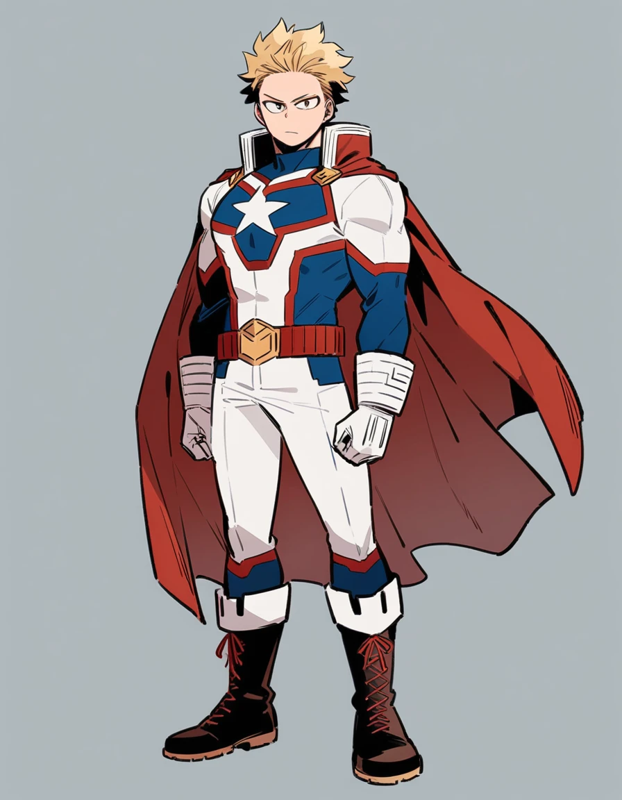 One boy, male focus, brown and blond hair, boku no hero academia, Izuku Midoriya look alike, masterpiece, best quality, very aesthetic, red, blue, white super hero suit, cape, boots, captain America like, proportionally anatomical, full body illustration, casual front pose.