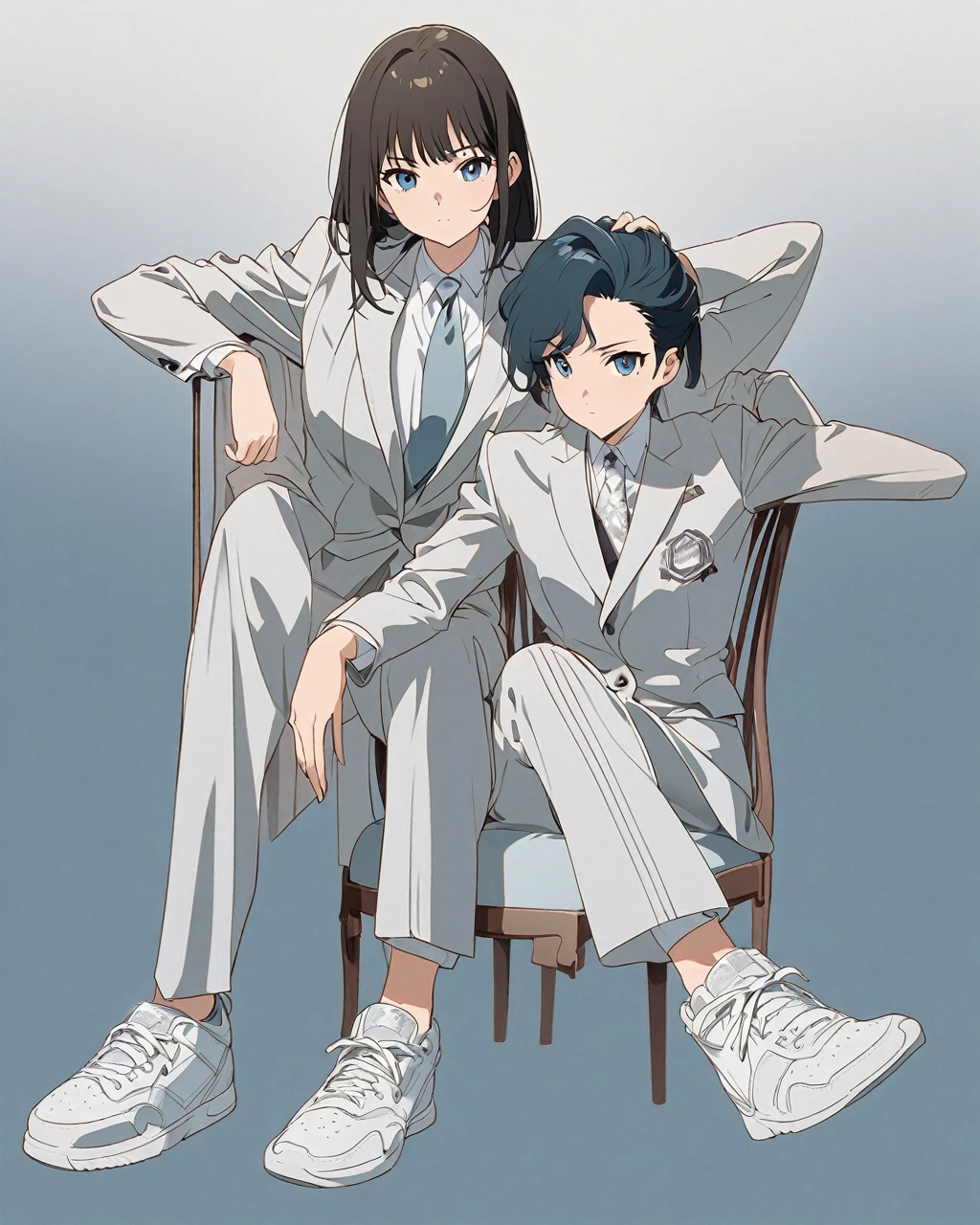 An anime-style illustration of a girl sitting on a chair, wearing a stylish suit and white sneakers. The person is posing with one arm resting on the knee and the other arm behind their head. The background is plain and minimalist, highlighting the person. The illustration should capture the elegance and cool demeanor of the pose, with attention to the details of the suit and sneakers