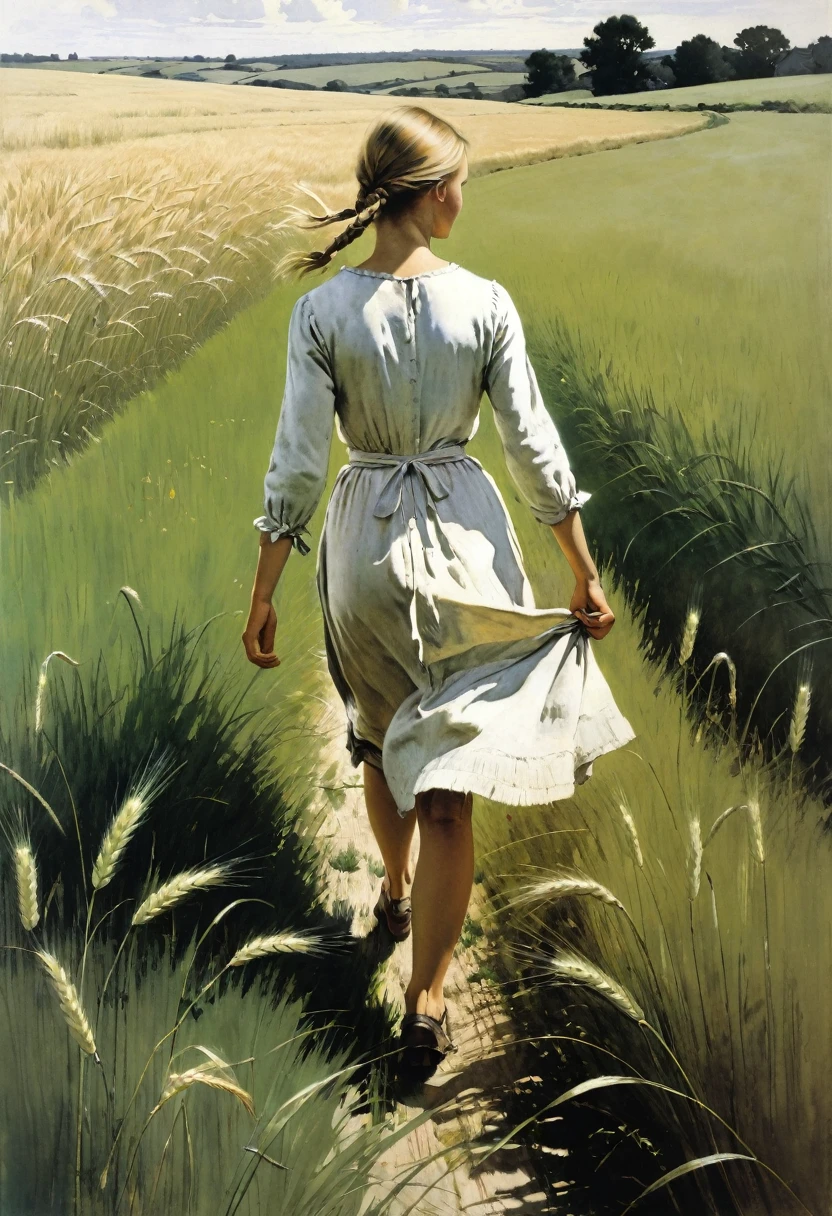 This Andrew Wyeth - The Art of Andrew Wyeth - features a muted floral palette and dry brush technique that creates a sense of calm. A field with young green wheat, along which a girl walks, touching the wheat with her hands. Dietary composition, ideal anatomy.
