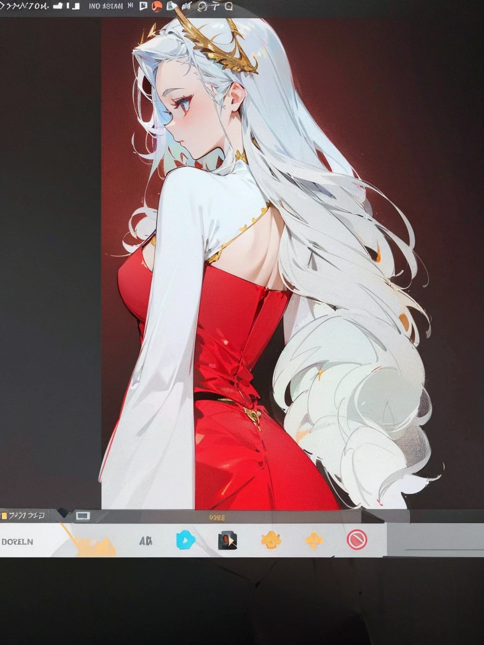 Add in roses to her dress, a good back dress design with some golden jewelry, make her dress into a red and white gown with a hat, give her some unique Jewelry, and make her look somewhat of a demonic angel like appearance to her