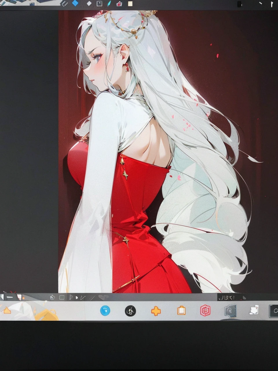 Add in roses to her dress, a good back dress design with some golden jewelry, make her dress into a red and white gown with a hat, give her some unique Jewelry, and make her look somewhat of a demonic angel like appearance to her