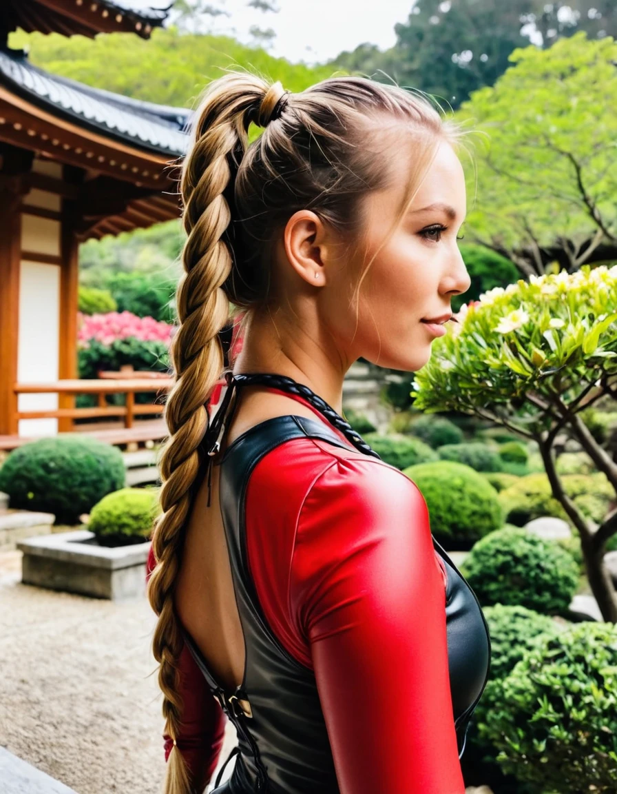 1girl, 22 years old, caucasian, by rubio, with a great (braided ponytail that falls over her shoulder:1.8), in a highly decorated Japanese garden, (colorful flowers:1.5), She wears a black and red leather bodysuit that is very tight to the body., large V-shaped neckline, short sleeve, micro short, ((of foreshortening:2) with head turned towards the camera:1.9), (cowboy shot:2), looking at camera, big , big ass, from below, 8k
