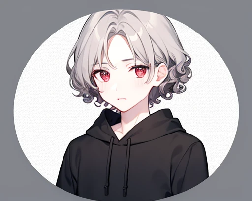 Round Image, Cai Zitouxiang, One boy, heart, alone, Symbol-shaped pupil,Gray Hair, Eye-length hair,calm, Twist spiral perm, Center parted bangs, Red eyes, Fair skin,plain black hoodie, Upper Body, Little, Lips parted, , View your viewers, Short sleeve, Simple Background, Shine, Patterns that don't move,