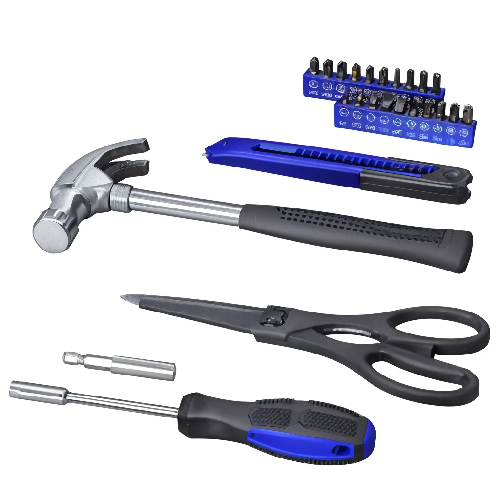 a close up of a hammer, screwdriver, and other tools, tools, tool, hammer, detailed product photo, White background, wrench, Product Image, "High quality product image", screwdrivers, product photo, 成套tool, high resolution product photo, toolbelt, Product introduction photos, hardware, product photograph, Packaging snapshot, Detailed enlargement of photo, professional product photo,unbelievably realistic,Rendering