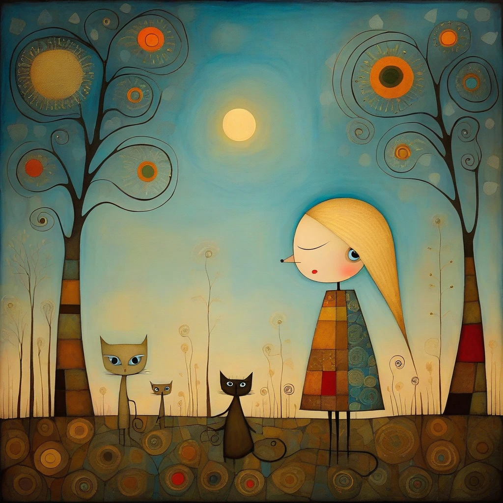 In the style of Andy Kehoe, Paul Klee, Tracy Grimwood. The adventures of a woman, with blond hair, her seahorse and her long-necked cats. masterpiece