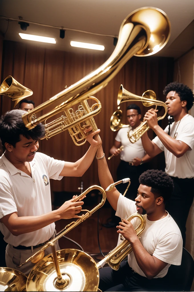Merengue Band with Trumpets in their hands In an 80s recording studio