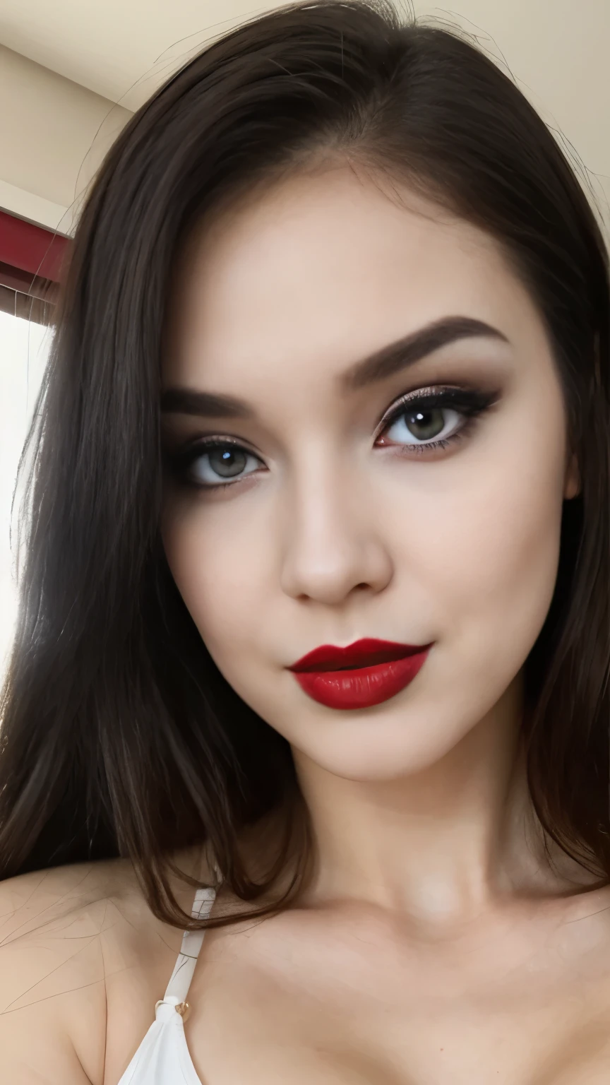 1 Girl, Beautiful, , White Skin, Gigantic Colossal Chest, instagram photo, closeup face photo of 23 y.o Chloe in G-string, Red Lipstick, sensual Lipstick, Sensational Make Up, cleavage, pale skin, (smile:0.4), hard shadows, Red G-STRING