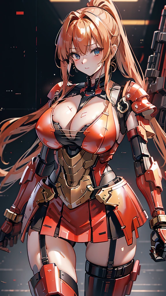 red translucent armor,Arm mecha,Short golden hair,Long ponytail hairstyle,Large Breasts,Cleavage,Pistol hanging from waist,fighter pilot,fighter hangar,Sexy,Lipstick,Miss,Golden Eyes,stockings,Short skirt