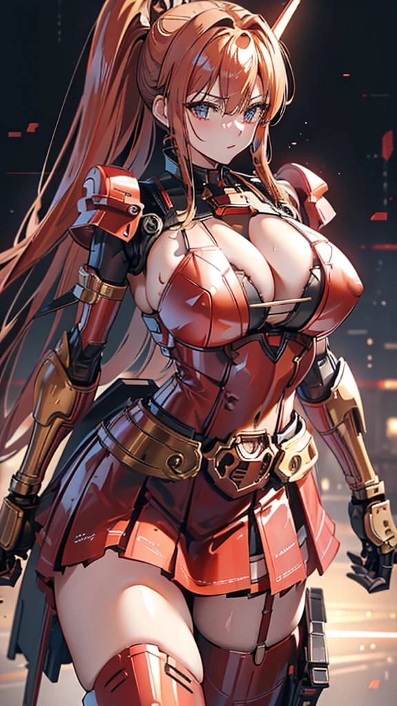 red translucent armor,Arm mecha,Short golden hair,Long ponytail hairstyle,Large Breasts,Cleavage,Pistol hanging from waist,fighter pilot,fighter hangar,Sexy,Lipstick,Miss,Golden Eyes,stockings,Short skirt