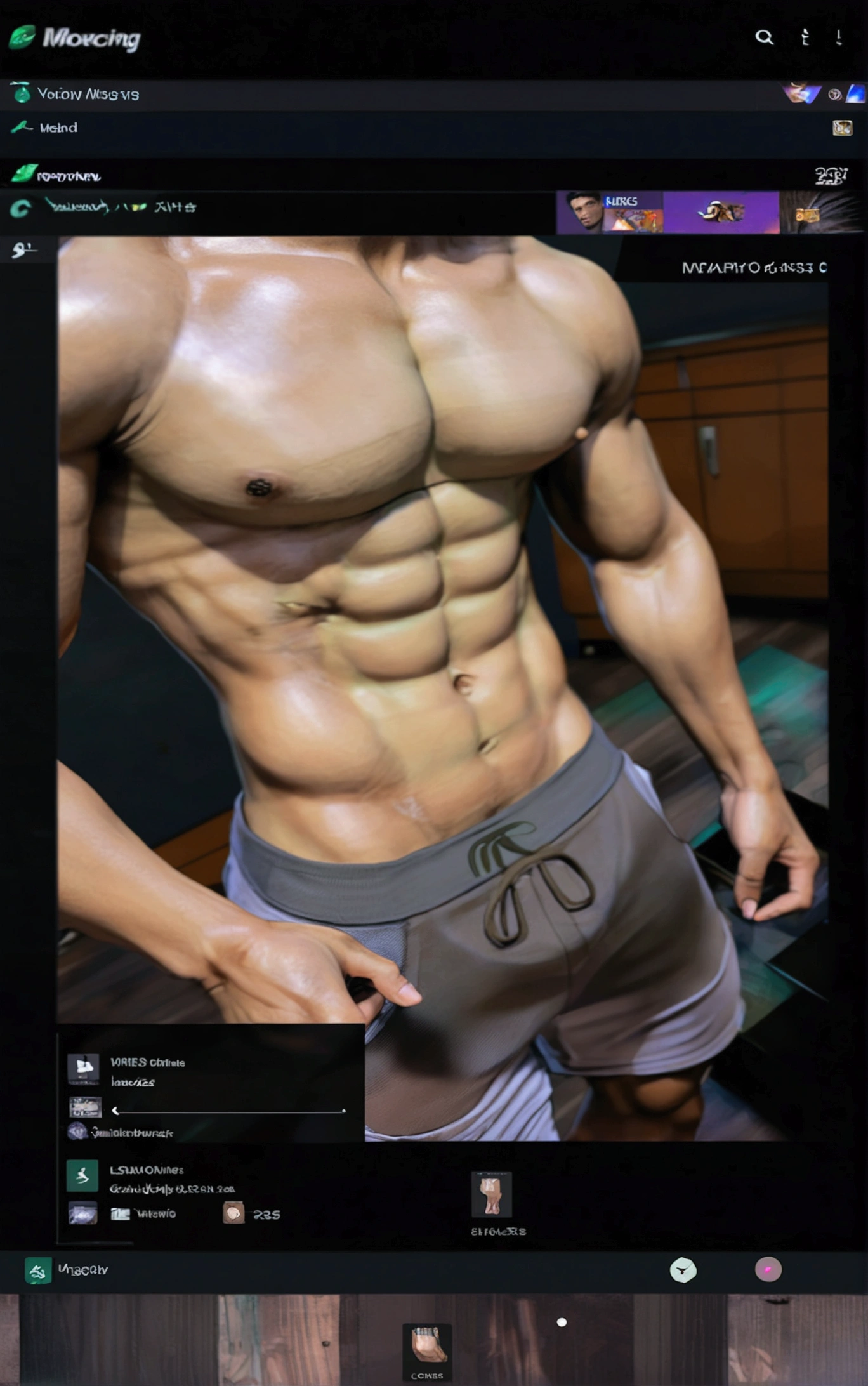 a realistic athletic bodybuilder men mannequin with long legs with a athletic hunk body with a big athletic abs and a big athletic legs in nike tracksuit pants in black socks, taking his t-shirt with his hands to showing his abs