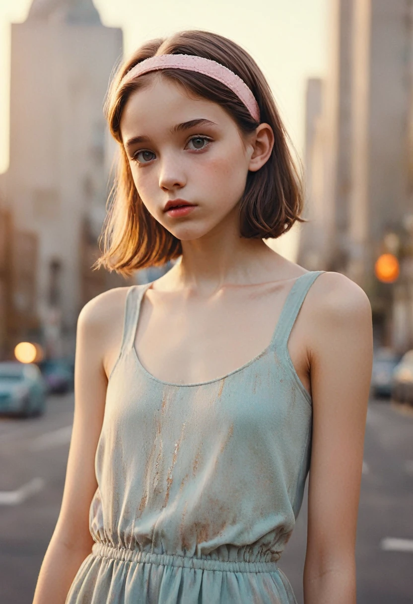 (Cinematic photos:1.3) from (Thigh length photos:1.3),(Skinny:1.3) Beautiful 12 year old girl, (Complex brown hair), Very fine skin texture, Realistic textures кожи, Look directly into the camera, (Looking at the audience) ), pout, , shine, dramatic, Dreamy, Pastelный цветочный сад, elegant, Strange, Moderate, Very detailed, hard, Ultra-high-definition digital photography, Fantasy theme, Skinny shoulders, Knee-length photos , Beautiful young girl, Large target, Beautiful Body, высокодеталfromированный снимок в полный рост, Dreamy, Pastel, watercolor, Strange, Moderate, Detailed headband, высокодеталfromированная текстура, Realistic textures, number, Very detailed的照片, (Art Deco: 1 .хfromоралfromм:1.3),(Positivism:1.3),(fuji superia:1.3),, Golden hour lighting,full body shot