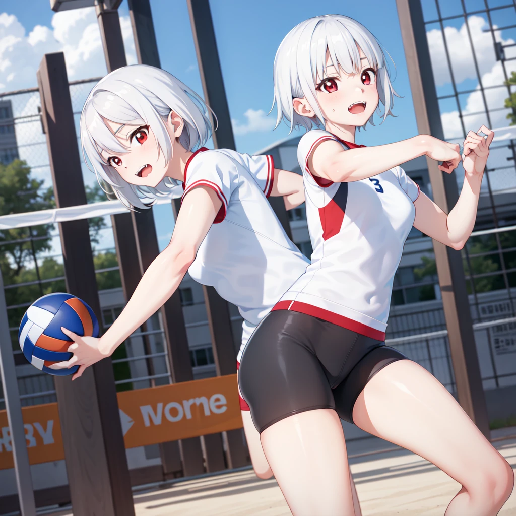 masterpiece, Highest quality, One girl, alone, Girl and tank, Noriko Isobe, White shirt, Bike Shorts, Sports Arena, Holding a volleyball, exercise 、Pure white skin、Pure white hair、Red eyes、Has some fangs、Pure white skin、Pure white hairの毛