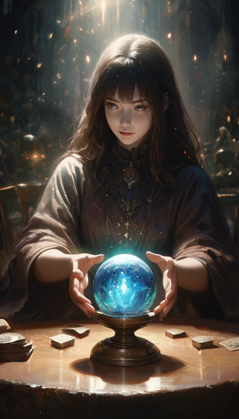 Impressionist painting, Realistic, 1 girl, fortune teller, Crystal on the table, mysterious, magic, Shine, Shineing, dark magic lighting, Sulky, Cinematic, Shine, Sparkling, darkness