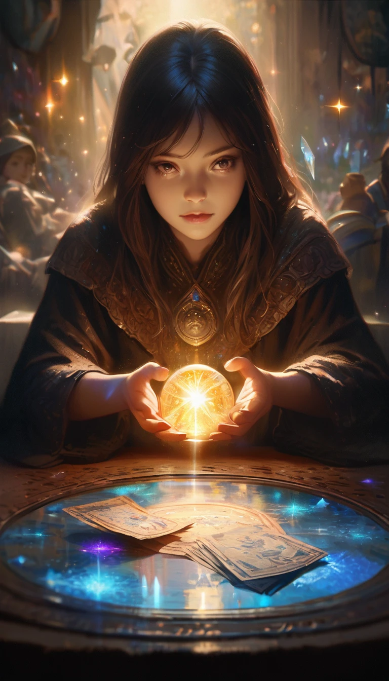 Impressionist painting, Realistic, 1 girl, fortune teller, Crystal on the table, mysterious, magic, Shine, Shineing, dark magic lighting, Sulky, Cinematic, Shine, Sparkling, darkness