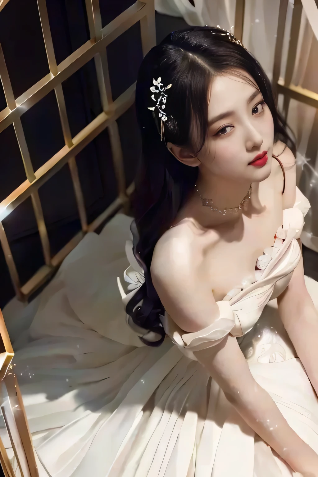 ((knee shot)), ((from above)), ((satellite view)), ((Lying in bed)), ((lying flat)), (ancient bed), Ancient Style, ((Cover your chest with one hand)), ((yushuxin,1girl,solo)), clear face, pretty face, 8k, masterpiece, original photo, best quality, detail:1.2,lifelike, detail, Very detailed, CG, Unite, wallpaper, depth of field, movie light, lens flare, Ray tracing, (extremely beautiful face, beautiful lips, beautiful eyes), complex, detail的脸, ((ultra detailed skin)), 1 girl, in the darkness, deep shadow, beautiful korean girl, kpop idol,(Very slim figure:1.3), A plump chest, big breasts, Slender sexy legs, very nice legs, elegant gesture, (bright smile), (City night, (neon lights), (night), beautiful korean girl, white diamond earrings, Diameter bracelet, Dia necklace, clear eyes, (big eyes)