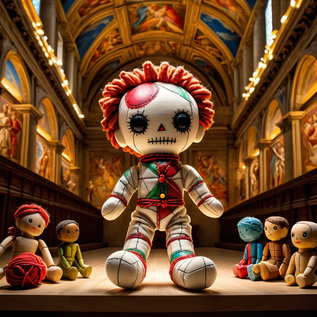 (knitted toy voodoo doll:1.7), (Voodoo Michelangelo:1.3), (Clothing: Renaissance artist attire with sculptor's chisel patterns:1.0), (Accessories: enchanted chisel emitting a radiant glow, floating marble sculpture:1.1), (background: grand Sistine Chapel with magnificent frescoes, towering scaffolding, and an atmosphere of artistic mastery:1.2), best quality, masterpiece, detailed soft oil painting, detailed background, dramatic cinematic lighting, soft edge lighting, professional, dramatic lighting, hard edge lighting, ultra quality, 4k,masterpiece, best quality, 8k, ultra highres, highres, extremely detailed