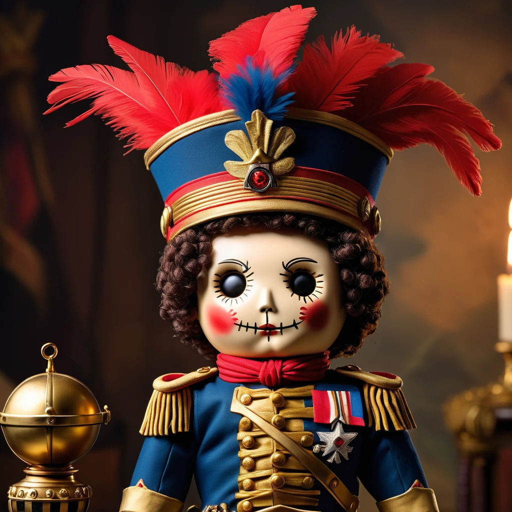 (knitted toy voodoo doll:1.7), (Voodoo Napoleon Bonaparte:1.3), (Clothing: Napoleonic military attire with eagle patterns:1.0), (Accessories: enchanted bicorne hat emitting a golden glow, floating map of Europe:1.1), (background: historic battlefield with charging cavalry, flying banners, and an atmosphere of strategic brilliance:1.2), best quality, masterpiece, detailed soft oil painting, detailed background, dramatic cinematic lighting, soft edge lighting, professional, dramatic lighting, hard edge lighting, ultra quality, 4k,masterpiece, best quality, 8k, ultra highres, highres, extremely detailed