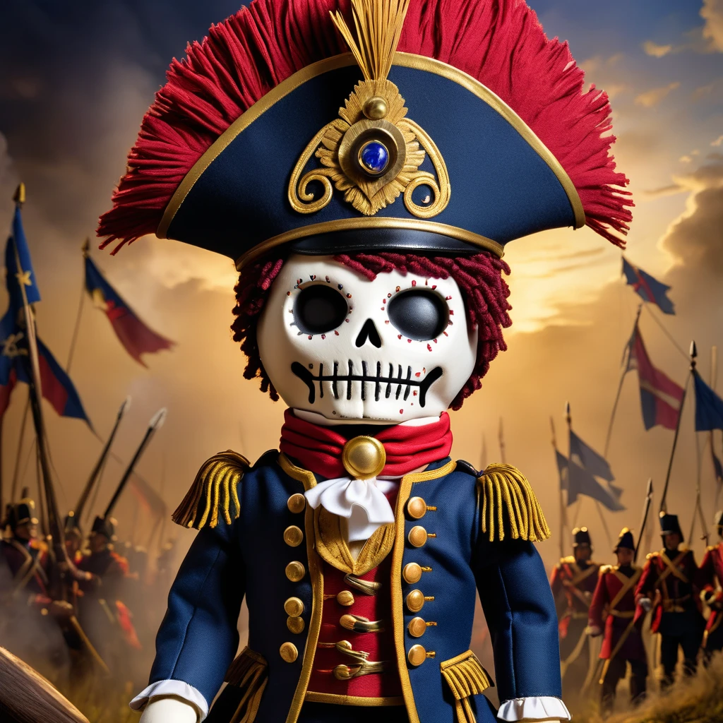 (knitted toy voodoo doll:1.7), (Voodoo Napoleon Bonaparte:1.3), (Clothing: Napoleonic military attire with eagle patterns:1.0), (Accessories: enchanted bicorne hat emitting a golden glow, floating map of Europe:1.1), (background: historic battlefield with charging cavalry, flying banners, and an atmosphere of strategic brilliance:1.2), best quality, masterpiece, detailed soft oil painting, detailed background, dramatic cinematic lighting, soft edge lighting, professional, dramatic lighting, hard edge lighting, ultra quality, 4k,masterpiece, best quality, 8k, ultra highres, highres, extremely detailed
