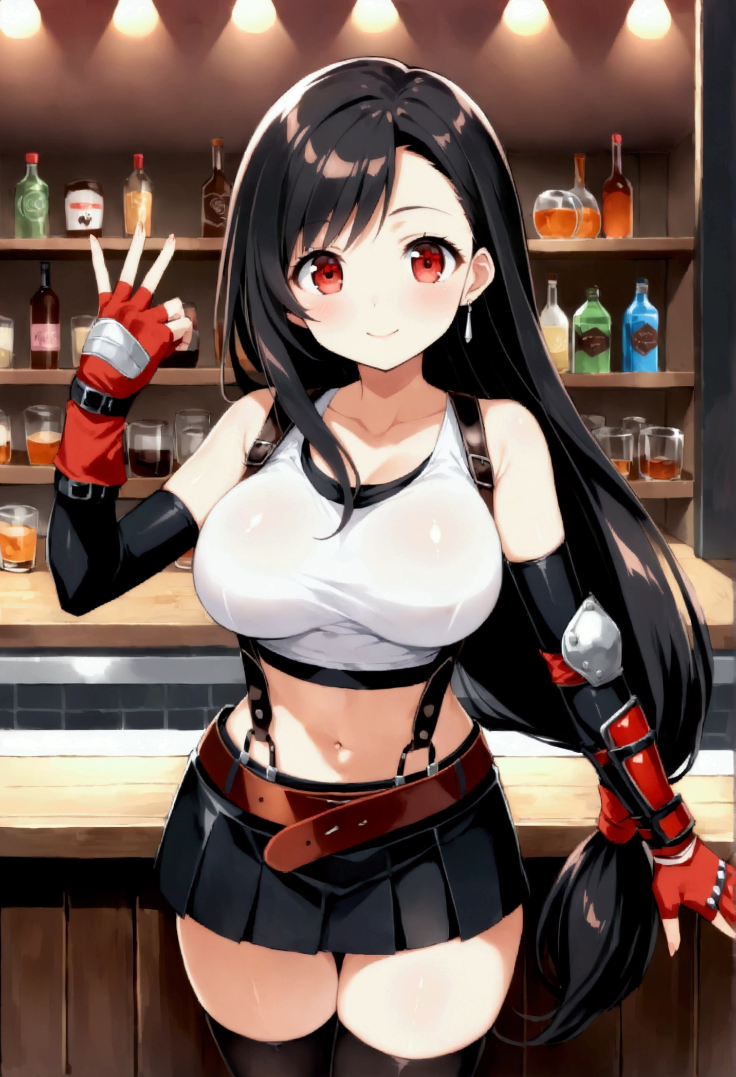 score_9, score_8_up, score_7_up,,8k,rating_safe BREAK ,(source_anime).from front,front view,breast focus,standing,,(holding counter),,(upperbody),looking_at_viewer ,1girl, tifa lockhart, final fantasy, tareme,black hair, low-tied long hair, red eyes, bangs, (white tank top, belt, pleated skirt, thighhighs, elbow fingerless gloves, elbow pads, midriff, navel,suspender skirt) ,large_breasts,(light smile),,,Solo,,(daytime and cafebar),slender_waist,(best quality),(aesthetic,very aesthetic),high-resolution,,depth of field,