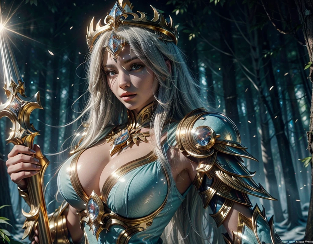 She's facing me staring at me. In a clear day forest, there is a woman highlighting her remains of her raspy feathers. A goddess with long white hair, ultra detailed eyes, gold crown with large magic crystal in the white shiny center, wearing a blue costume of paladin powers, futuristic. Templar Armor with Fine Gold Accents, Details:1.2) 4K ultra-HD, digital SLR, soft lighting, high quality,