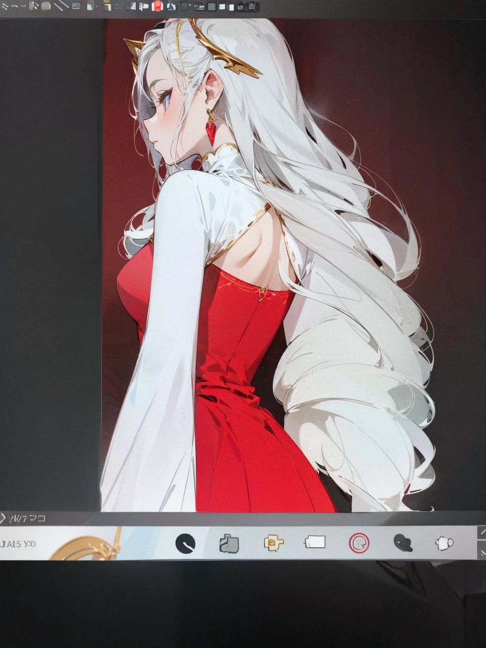 Add in roses to her dress, a good back dress design with some golden jewelry, make her dress into a red and white gown with a hat, give her some unique Jewelry, and make her look somewhat of a demonic angel like appearance to her