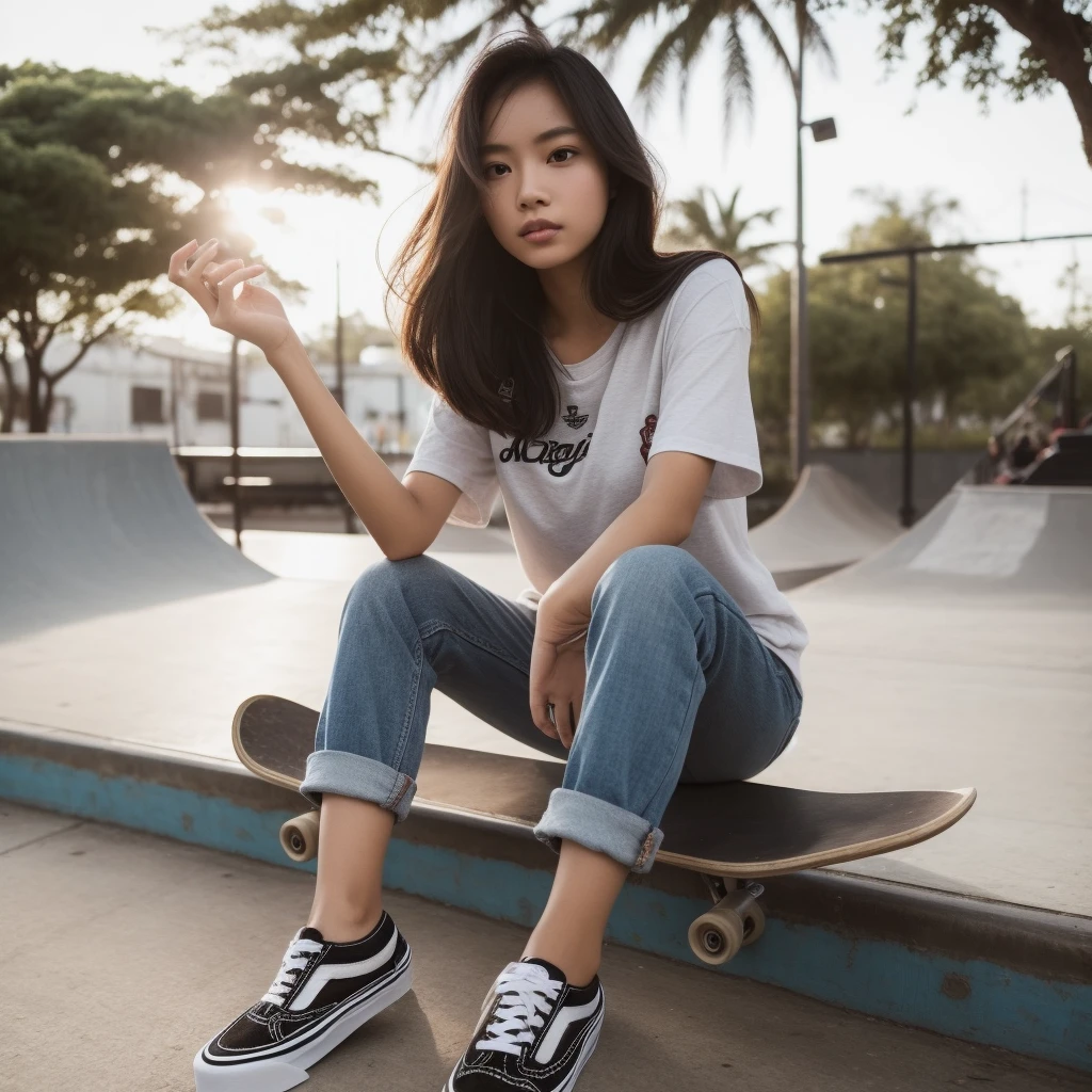 A beautiful Indonesian woman aged 20 years, full body, is fashionable skateboarding, dressed casually, wearing Vans shoes, at the skateboard park, at noon, Background, very detailed 8k 