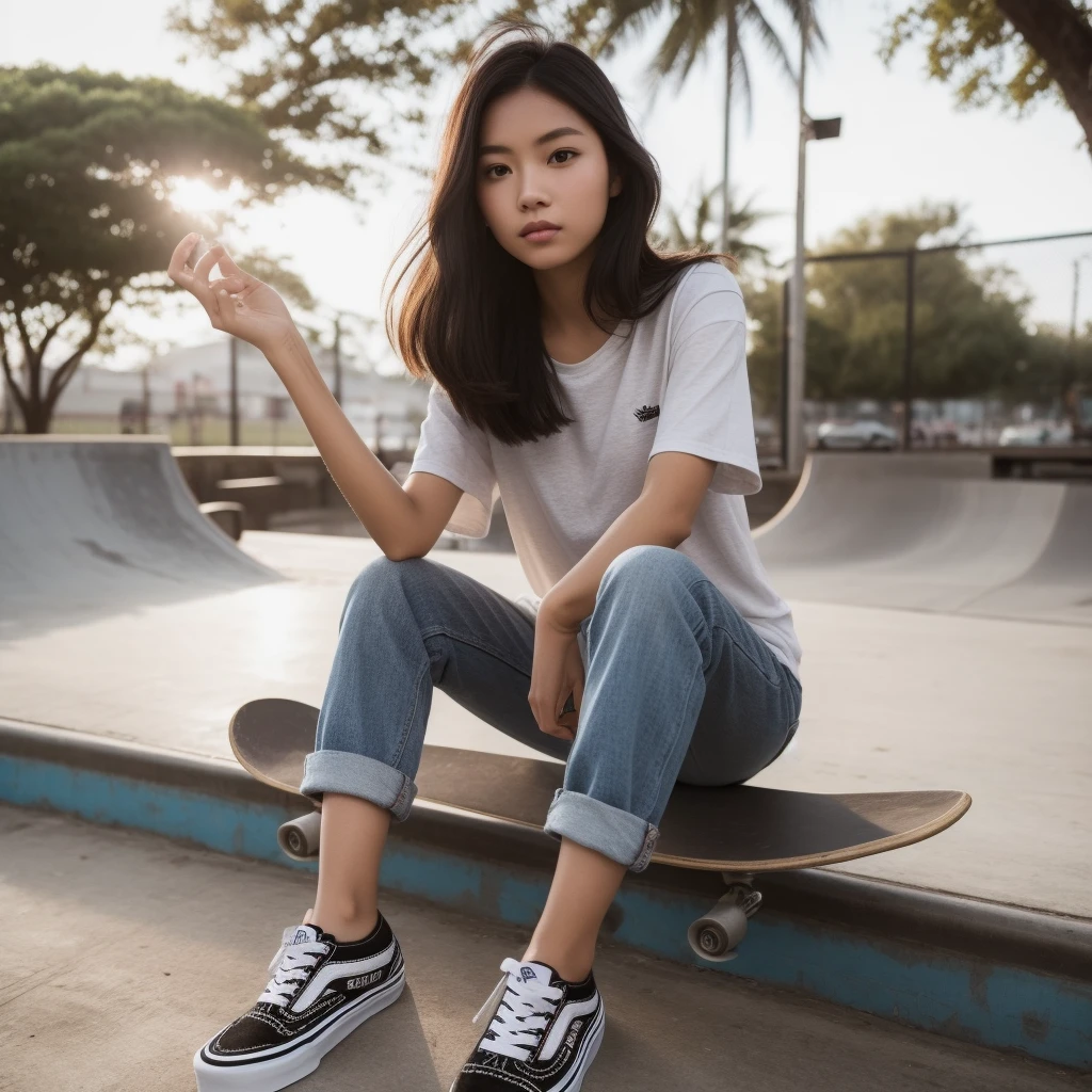 A beautiful Indonesian woman aged 20 years, full body, is fashionable skateboarding, dressed casually, wearing Vans shoes, at the skateboard park, at noon, Background, very detailed 8k