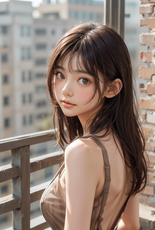 A girl, Solitary, Viewer, Brown long hair,Bangs , Wear a tight dress, Naked back see-through dress, big nipples,Brown eyes, Upper body photo, Gray background, ,Delicate face, purebred face_v1, Beautiful lips, King Reuters