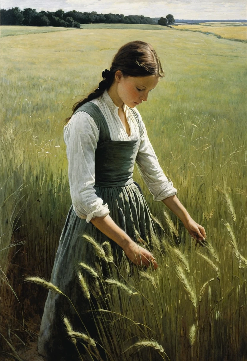 This Andrew Wyeth - The Art of Andrew Wyeth - features a muted floral palette and dry brush technique that creates a sense of calm. A field with young green wheat, along which a girl walks, touching the wheat with her hands. Dietary composition, ideal anatomy.
