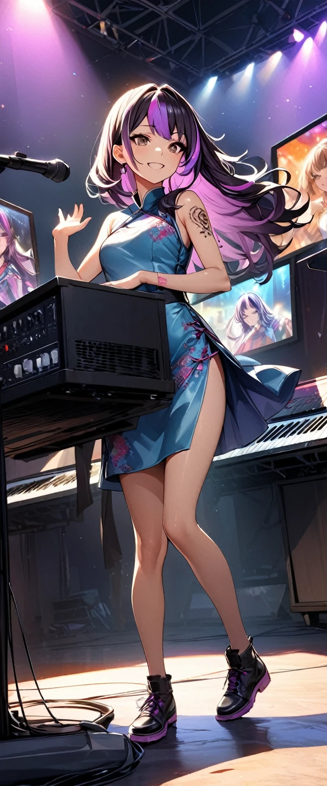 (highest quality:1.2, Very detailed, up to date, Vibrant, Ultra-high resolution, High Contrast, masterpiece:1.2, highest quality, Best aesthetics), Portraiture、girl、keyboard player、stage、performance、Rock Music、Bright colors、Beautiful fine details、Beautiful lip detail、long hair、black and purple ((streaked hair:1.6)), highlights hair: 1.5, brown eyes, slim body, (small breast:0.7), Music band、standing in keyboards booth, Cheerful pose、(raise left hand high:1.5), Concert Light、Edgy Style、(colorful Cheongsam:1.2), (no sleeve:1), Dynamic Movement、hypnotic sounds、Stadium、amplifier、Loud music、(playing keyboards:1.6), (Floral Fineline tattoo design on left arm:1), Passionate performance、Sparkling stage、Concert atmosphere、Music Festival、Full of emotion、Rock star attitude、Resolute expression、Avid Fan、The presence of an attractive stage、 Expressive gestures、Rock star aura、An exciting atmosphere、An unforgettable show, closs earing, (full body:1.5)
