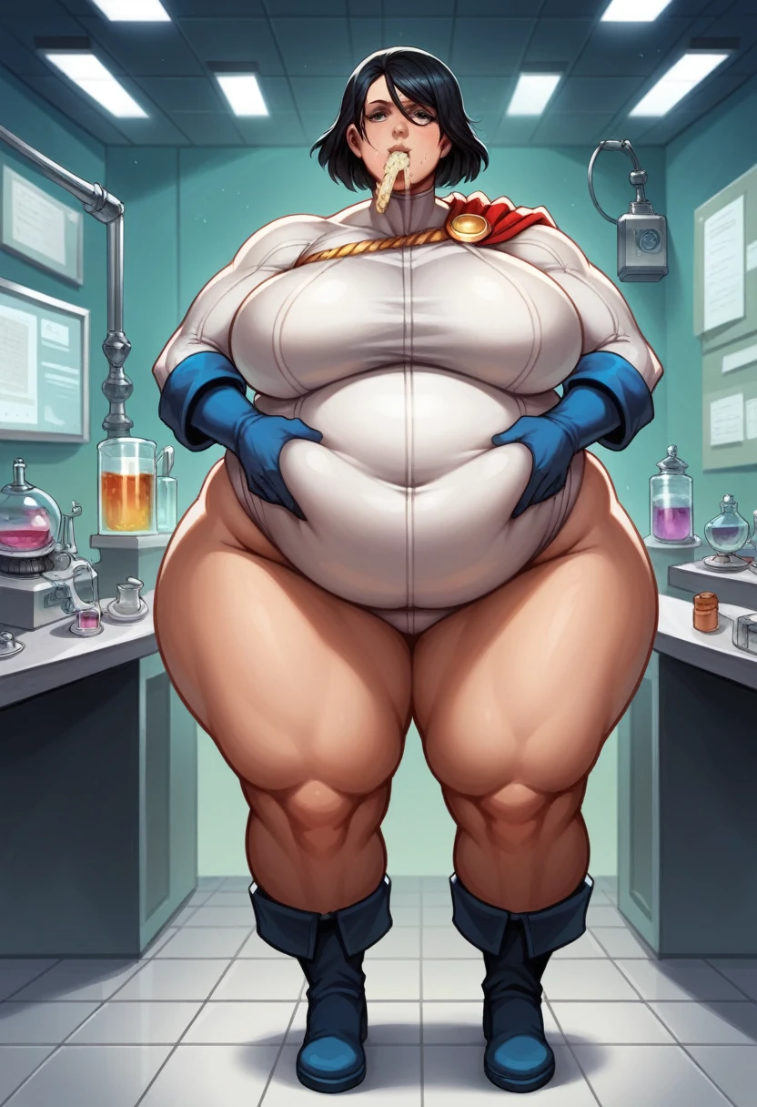 1girl, superhero, Power Girl, black layer, long black hair, black leotard, black bare legs, black boots, solo focus, hands on belly, full body shot, laboratory, sittings, eating hamburgers, hamburguers,, girl fat, obese body, bigger belly, bigger ass, bigger breast, large thighs, wide hips, sexy, stockings, laboratory, sittings, drinking a formula, formula (Masterpiece:1.2), best quality, high resolution, beautifully detailed, extremely detailed, perfect lighting,