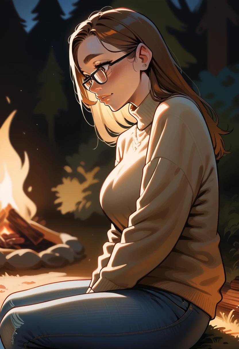 1girl, european girl, 18 years old, long light-brown hair, straight hair, curvy hair, a strand hair behind the ear, cute face, A thoughtful face, long sweater, jeans, glasses, sitting, school camp, campfire, source_realictic, deatiling panting, brown eyes, detailing body, detailing face, side view