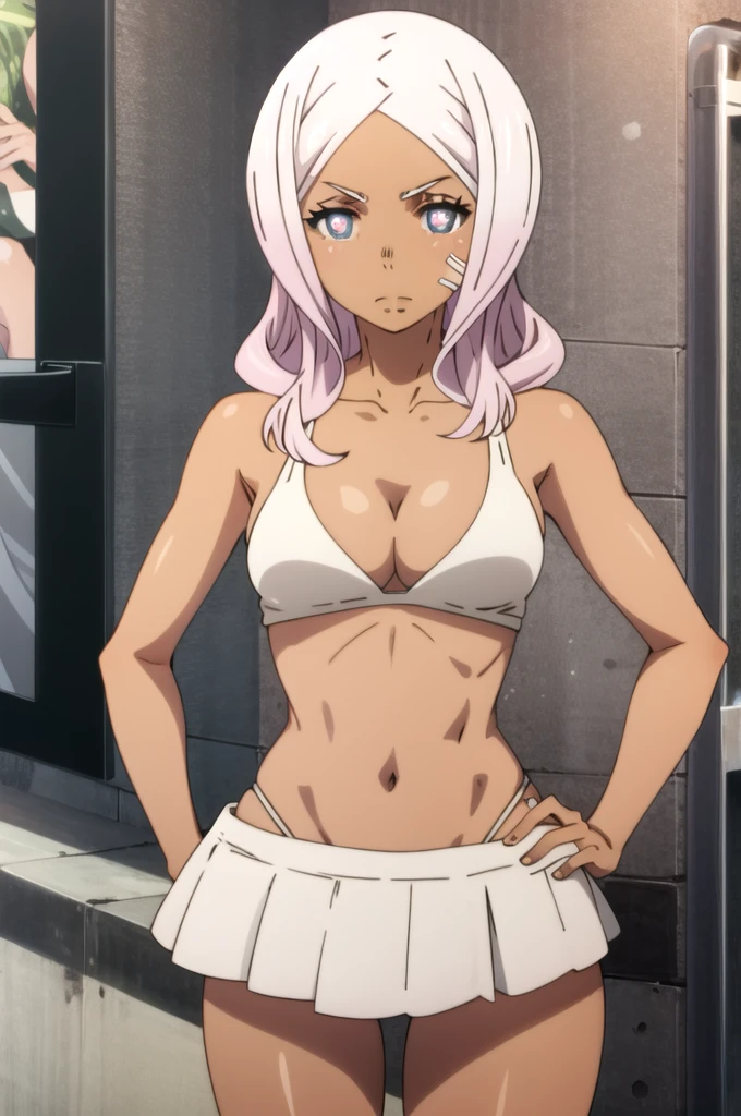 tall body, tall, long legs, mature female, mature, adult, eft_FireForce_Hibana, 1girl, solo, dark skin, dark-skinned female, breasts, large breasts, big breasts, symbol-shaped pupils, cleavage, long hair, white hair, blue eyes, parody, pink hair, looking at viewer, upper body, small bikini, white bikini, bare shoulders,