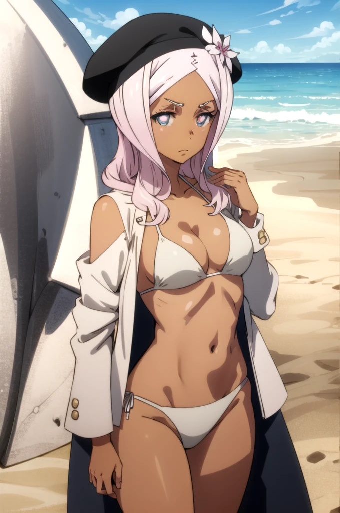 tall body, tall, long legs, mature female, mature, adult, eft_FireForce_Hibana, 1girl, solo, dark skin, dark-skinned female, breasts, large breasts, big breasts, symbol-shaped pupils, cleavage, long hair, white hair, blue eyes, parody, pink hair, looking at viewer, upper body, small bikini, white bikini, bare shoulders,