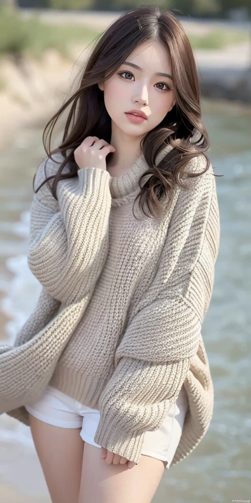 1girl walking on the river, mix4, sweater, pillow, lips, open_mouth, realistic, photo_\(medium\), solo, stuffed_animal, stuffed_toy, teddy_bear,(masterpiece),(photorealistic:1.3), ultra-detailed, (high detailed skin:1.2),(best quality:1.0), (ultra highres:1.0), (ulzzang-6500:0.3), wavy detailed hair, long hair, sunshine, (beautiful detailed makeup), (sexually aroused blushing heavy breathing:1.0), floral theme flower petals scattered, (soft glow bloom:0.5)