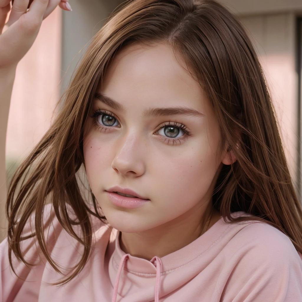 {{Teenage female, caucasian}}, looking at viewer, hazel eyes, extremely detailed, brown hair, pink clothes, bully, mean girl, tough girl, , bruises, scars, happy, best quality, high quality, extremely detailed anime screencap, full body