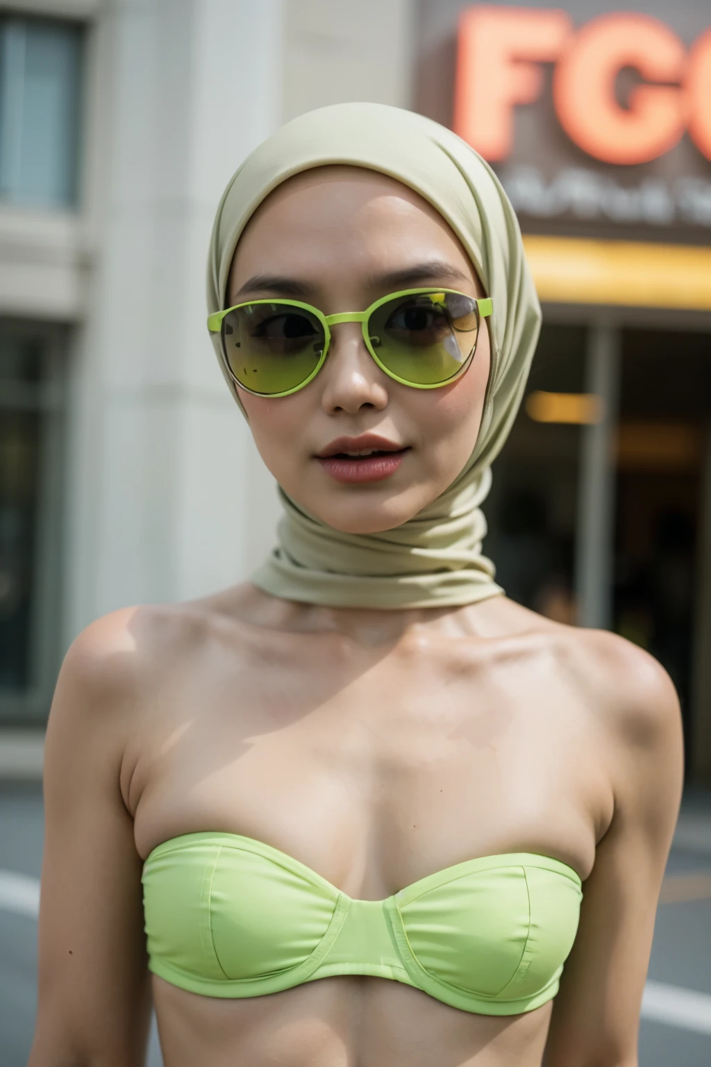 Bodybuilder , (((HIJAB MALAY GIRL))), masutepiece, High quality, UHD 32K, Realistic face, Realistic skin feeling , A Japanese Lady, 8 yeaery cute and baby-like face, (((FLAT CHEST))), (MATRIX WORLD), ((look In front at the camera and SADNESS)), (((GREEN FLUORESCENT))), (((CUTE GIRL))), ((YELLOW LIPS)), ((wering strapless pastel)) little Bodybuilder, ((flat chest:1.5)), (((sunglasses)))