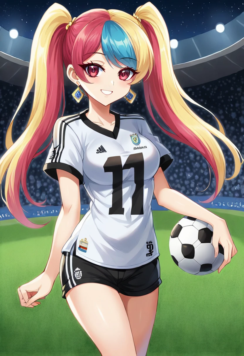 (best quality,4k,8k,highres,masterpiece:1.2),ultra-detailed,(realistic,photorealistic,photo-realistic:1.37),face of: (Krisslove-1),full body,beautiful detailed eyes,beautiful detailed lips,extremely detailed eyes and face,long eyelashes,long hair,detailed jewelry,vivid colors,smile,sexy shorts,mexican soccer outfit, AzulCrema, jersey ame local, shorts ame local, logos jersey local, soccer stadium,night,beautiful eyes,multicolor hair,twintails,earrings,shorts,
