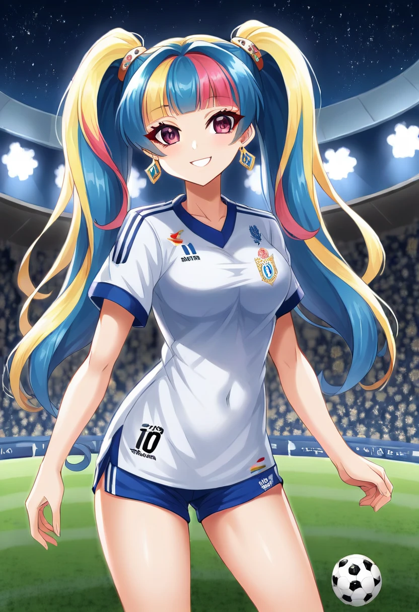 (best quality,4k,8k,highres,masterpiece:1.2),ultra-detailed,(realistic,photorealistic,photo-realistic:1.37),face of: (Krisslove-1),full body,beautiful detailed eyes,beautiful detailed lips,extremely detailed eyes and face,long eyelashes,long hair,detailed jewelry,vivid colors,smile,sexy shorts,mexican soccer outfit, AzulCrema, jersey ame local, shorts ame local, logos jersey local, soccer stadium,night,beautiful eyes,multicolor hair,twintails,earrings,shorts,