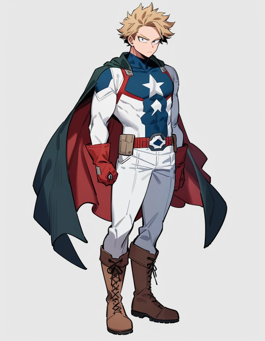 One boy, male focus, brown and blond short hair, boku no hero academia, Izuku Midoriya look alike, masterpiece, best quality, very aesthetic, red, blue, white super hero suit, cape, boots, captain America like, proportionally anatomical, full body illustration, casual front pose.