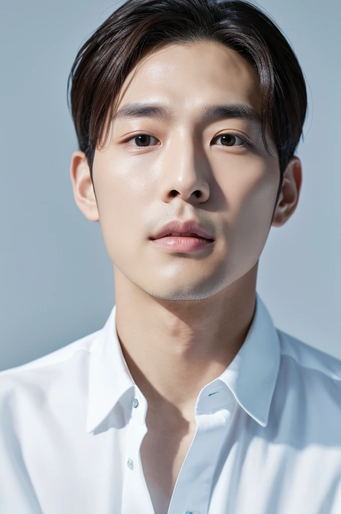 4K camera, perfect face, perfect skin, Korean man, white shirt, 30 years old, actor, pure white background