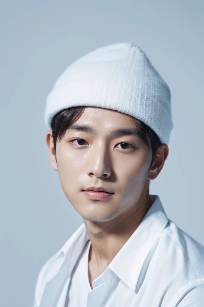 4K camera, perfect face, perfect skin, Korean man, white shirt, 30 years old, actor, pure white background