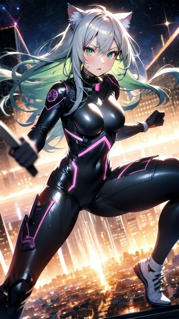 A silver-haired beautiful girl with cat ears eyes are green hair is silver and long clothes: a form-fitting black combat suit The fist is an afterimage The background is a city at night her is in a cat-like fighting pose The year is  monitor, Dark Night, Sweat, Steam of Exhalation, Space, Battle, Dynamic Angle　one girl