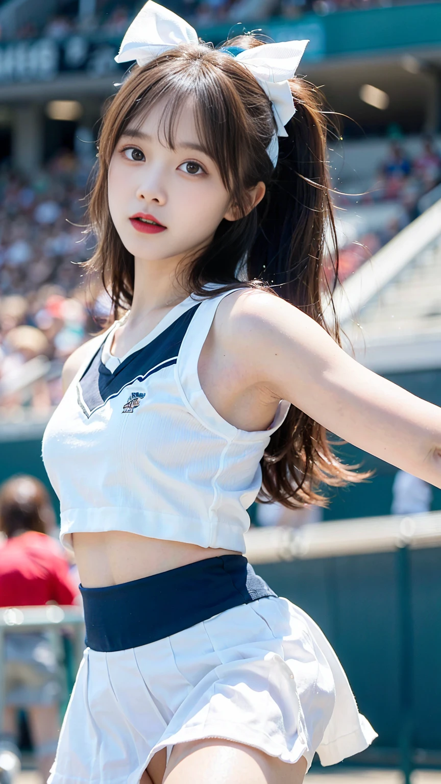 masterpiece, ultra high res, 8k, RAW photo, best quality, detailed shadow, amazing, finely detail, sharp focus, (bokeh:0.5), cowboy shot, (from before:1.2), (detailed and structured patterns:1.5), (Low Key Lighting:1.6), (acrobatic pose:1.5), (looking at viewer:1.2),lookung up, (walking:1.5), BREAK 1 girl, (large breasts:1), (brown medium long hair:1.4), (bangs:1.2), (skinny:1.2), ((dark blue)cheerleade:1.2), (((white)Skirt-style-cheerleade:1.3)), ((dark blue)bow:1.2), (she turns back:1.3), (wave hands:1.5), (embarrassed:1.5), (open mouth:1.5), (stadium:1.4)
