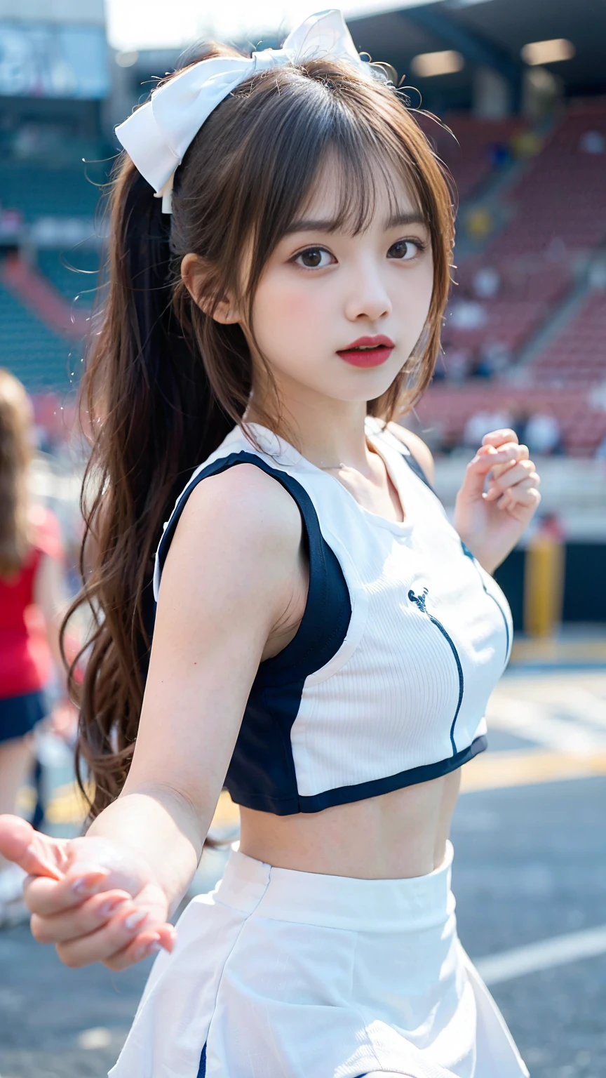 masterpiece, ultra high res, 8k, RAW photo, best quality, detailed shadow, amazing, finely detail, sharp focus, (bokeh:0.5), cowboy shot, (from before:1.2), (detailed and structured patterns:1.5), (Low Key Lighting:1.6), (acrobatic pose:1.5), (looking at viewer:1.2),lookung up, (walking:1.5), BREAK 1 girl, (large breasts:1), (brown medium long hair:1.4), (bangs:1.2), (skinny:1.2), ((dark blue)cheerleade:1.2), (((white)Skirt-style-cheerleade:1.3)), ((dark blue)bow:1.2), (she turns back:1.3), (wave hands:1.5), (embarrassed:1.5), (open mouth:1.5), (stadium:1.4)