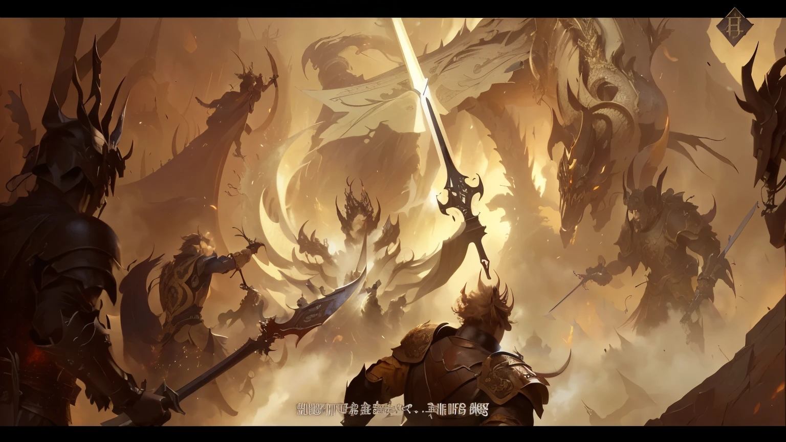 There is a painting，A man holding a sword，Facing a group of demons, author：Yang J, by Shitao, background: Battle Scene, detailed Digital 2D fantasy art, 2. 5D CGI anime fantasy artwork, g liulian art style, Fantasy painting, Digital 2D fantasy art, Epic fantasy illustrations