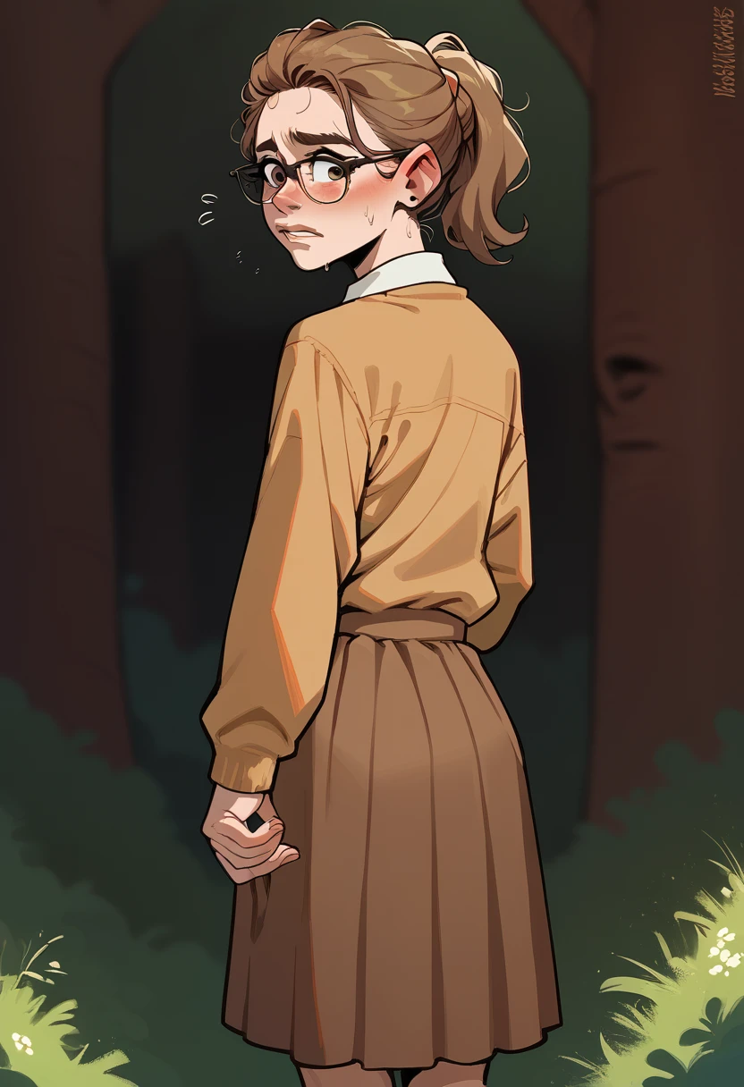 1girl, european girl, 18 years old, long light-brown hair, straight hair, a strand behind the ear, cute face, embarrassment, outdoor clothes, long brown skirt, glasses, standing, school camp, school, source_realictic, deatiling panting, brown eyes, detailing body, back view