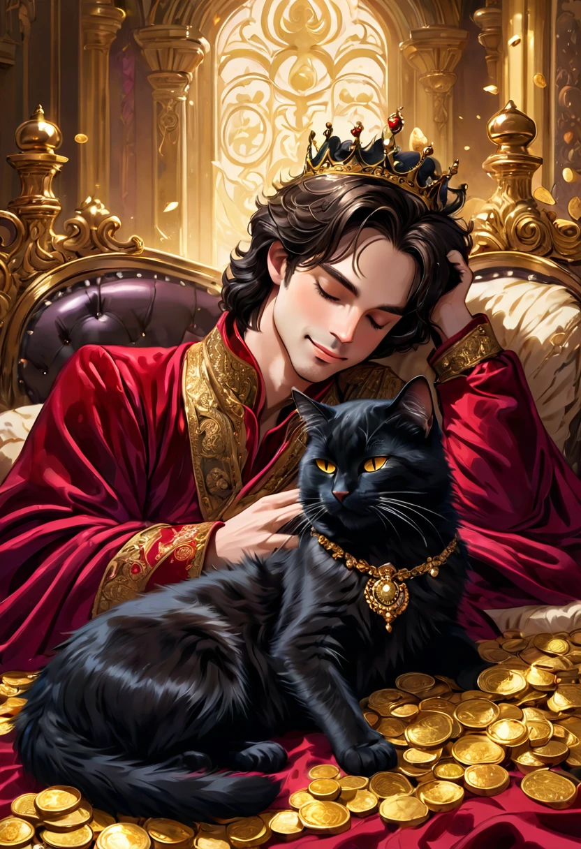 A beautiful prince sleeping while holding a black fluffy cat, they close their eyes and smile, a beautiful palace, surrounded by gold coins, piles of gold coins and banknotes, the prince is dressed in a luxurious royal winered wearing a velvet robe, a crown, and a rose