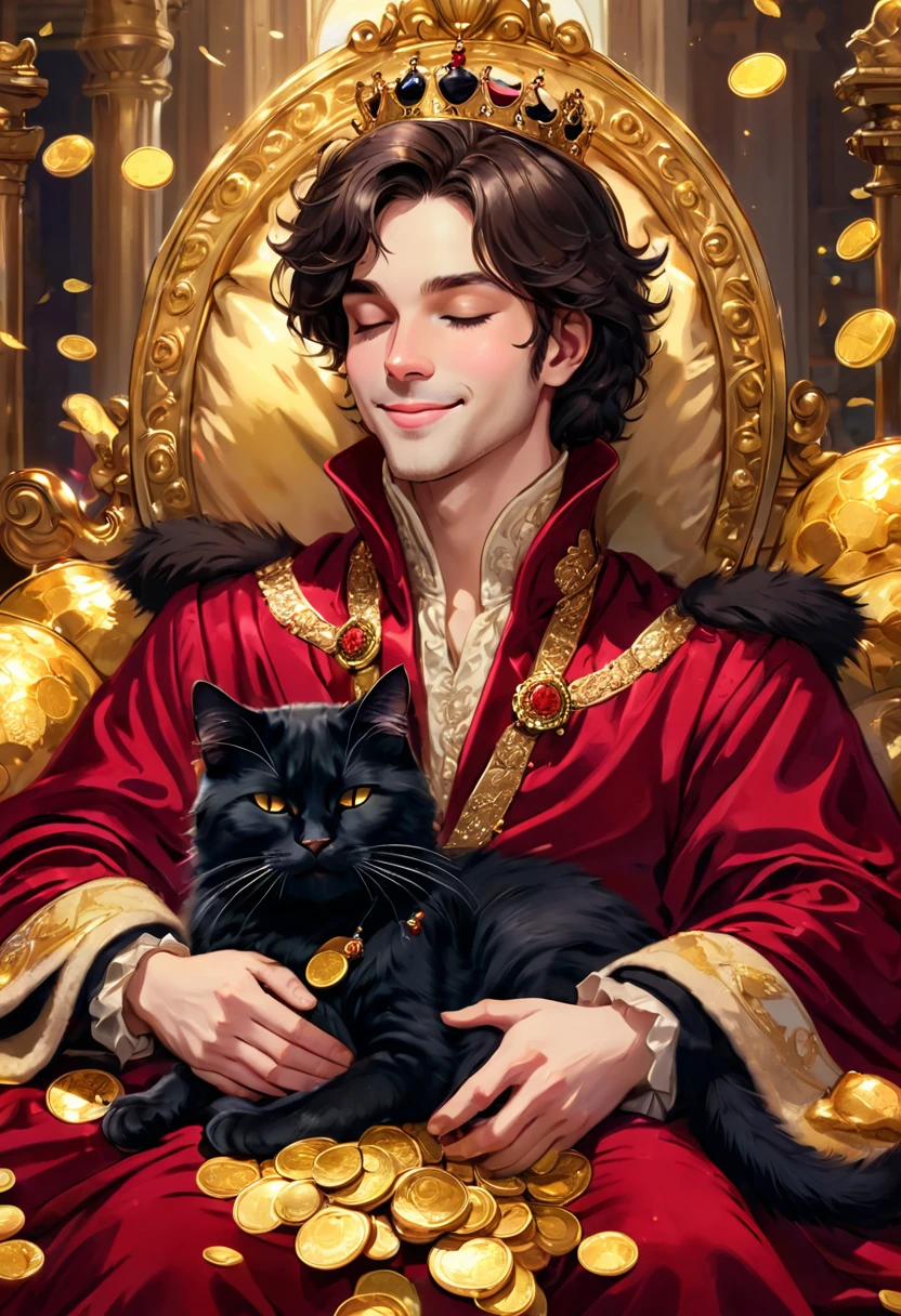 A beautiful prince sleeping while holding a black fluffy cat, they close their eyes and smile, a beautiful palace, surrounded by gold coins, piles of gold coins and banknotes, the prince is dressed in a luxurious royal winered wearing a velvet robe, a crown, and a rose