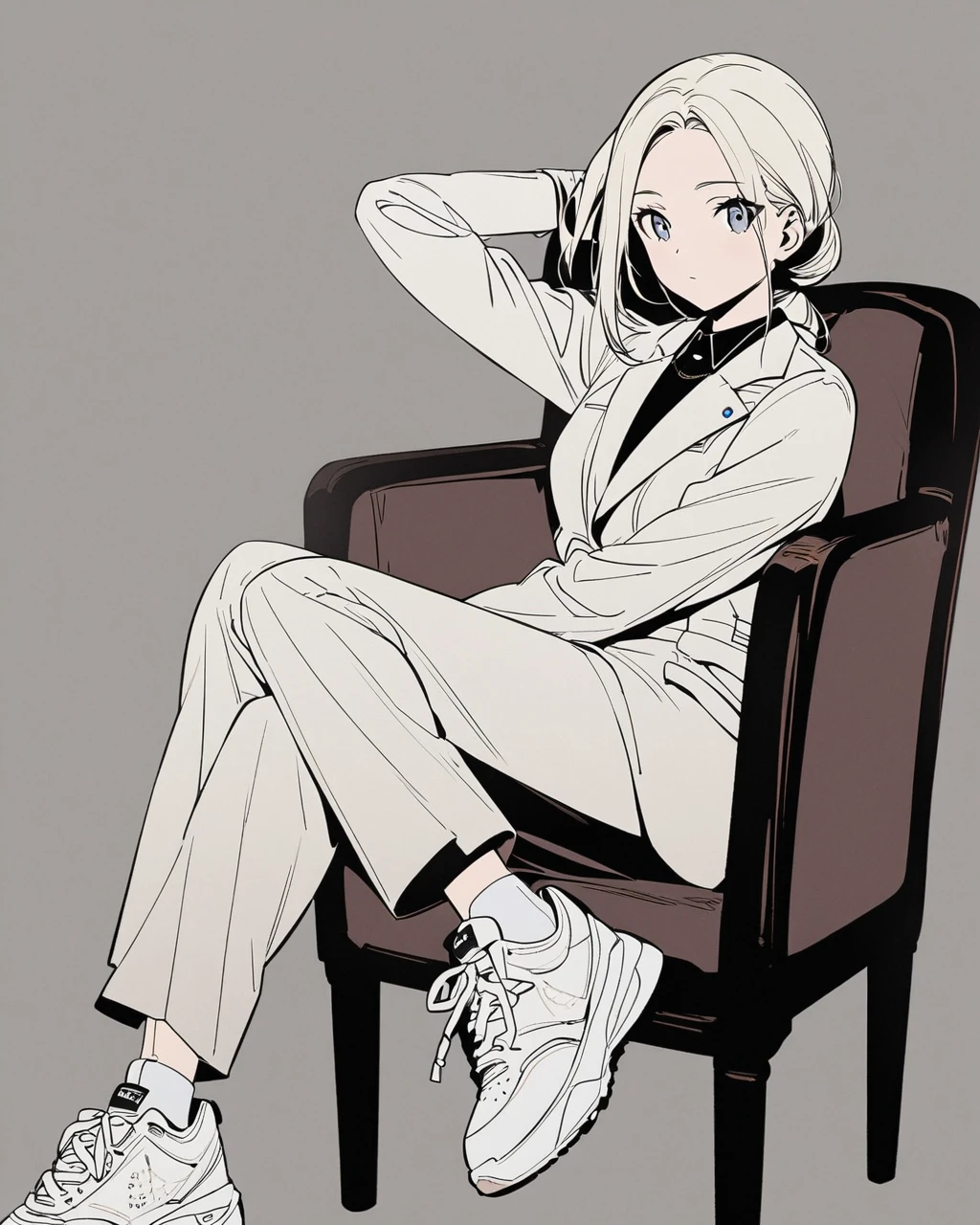 An anime-style illustration of a girl sitting on a chair, wearing a stylish suit and white sneakers. The girl is posing with one arm resting on the knee and the other arm behind their head. The background is plain and minimalist, highlighting the person. The illustration should capture the elegance and cool demeanor of the pose, with attention to the details of the suit and sneakers